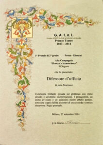 attestato del Premio Gatal teatro Giovani 2013/14